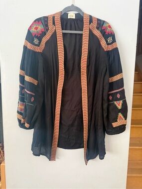 Umbrale Boho Embroidered Open Front Kimono Jacket - Black & Multicolor